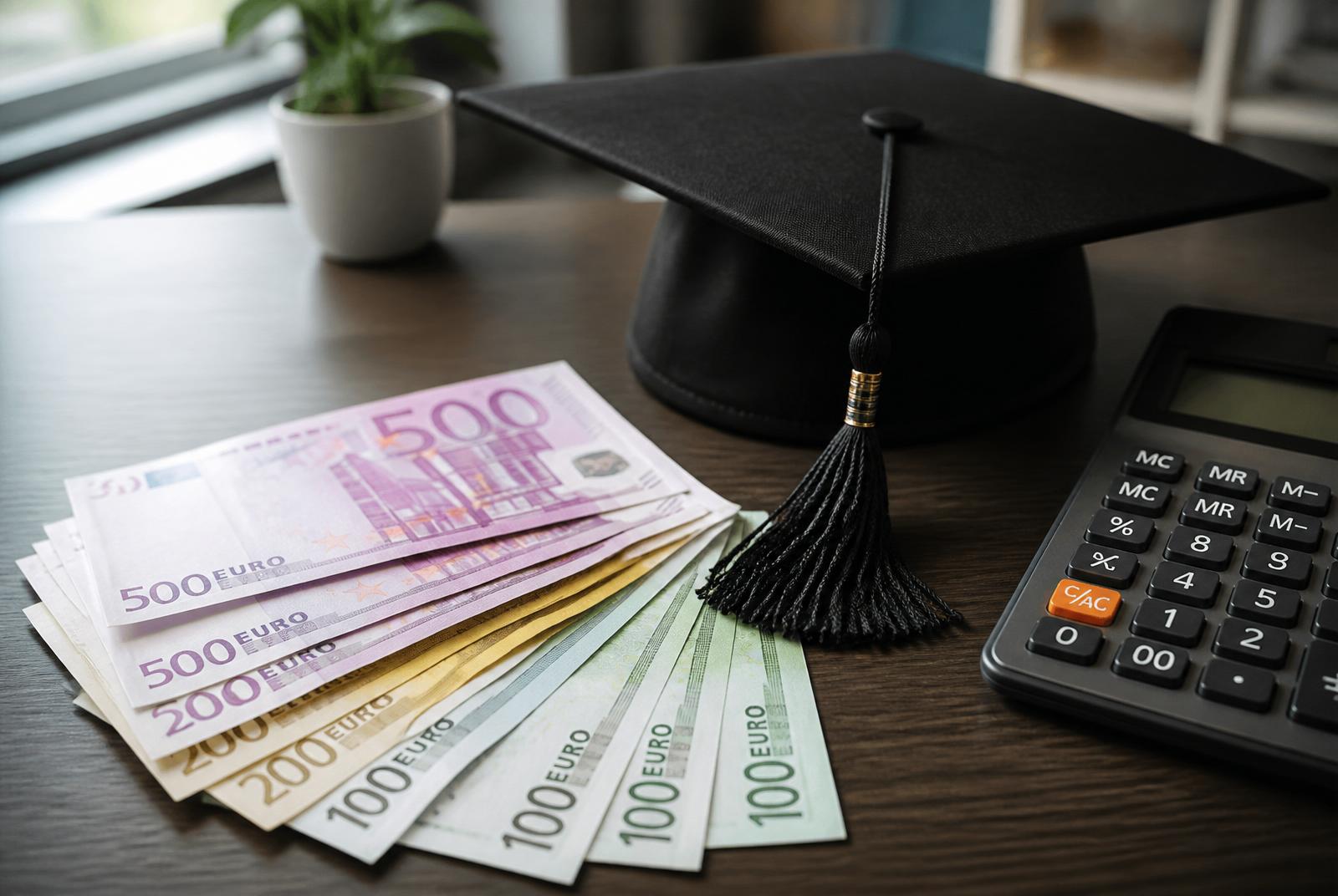 Euro banknotes next to a graduation cap and calculator